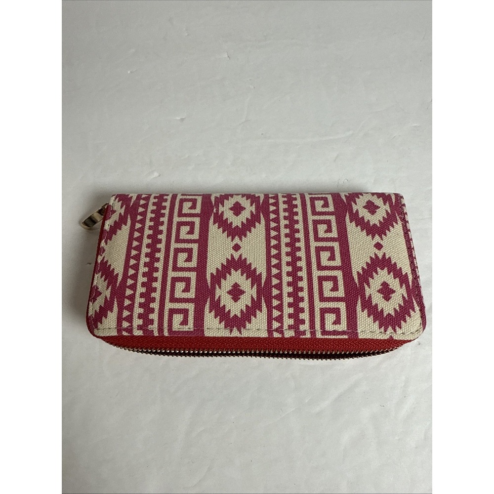 Wallet Zippered Pink Aztec Design Multi Compartment Coin Card 8x4 In